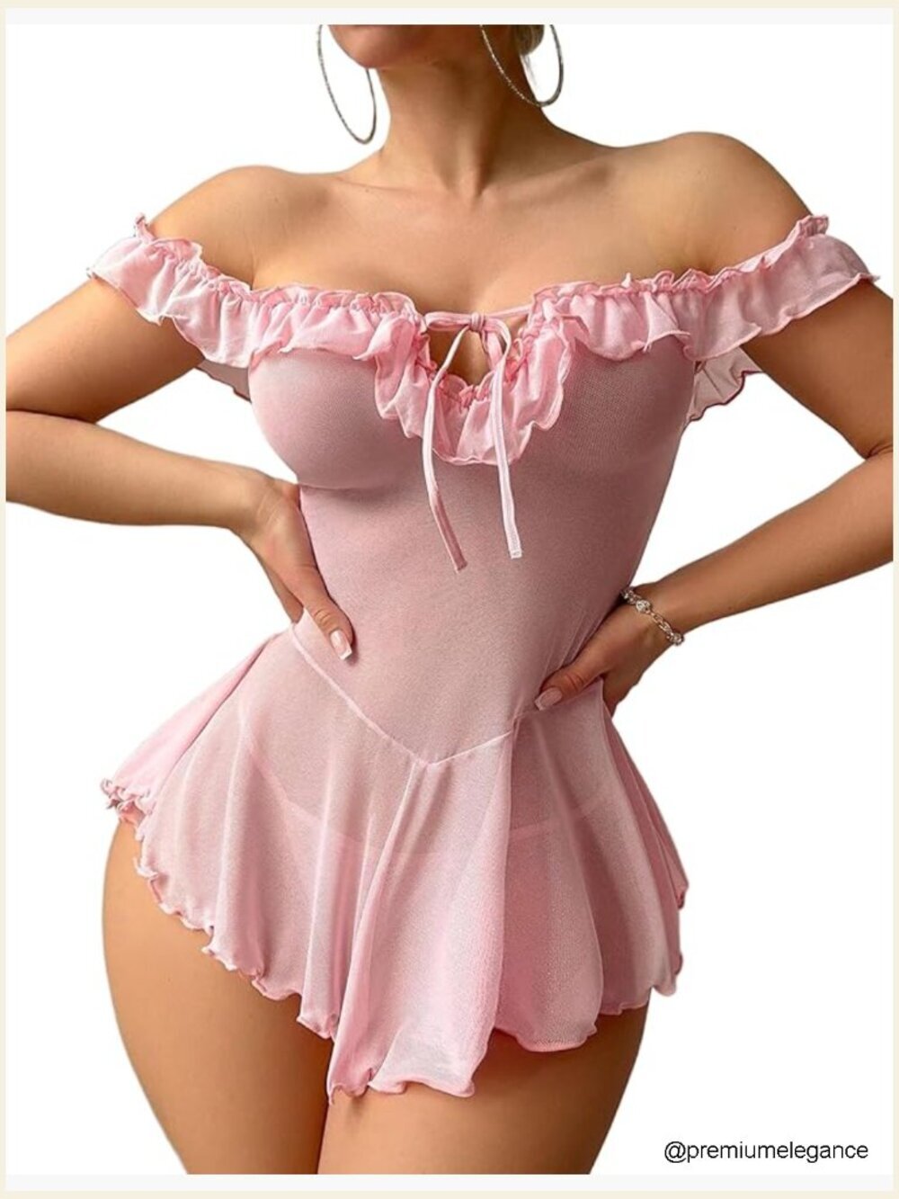 Sheer Mesh Babydoll Ruffle Chemise Sleepwear Lingerie Set S-3XL